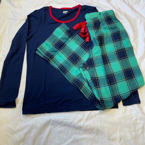 Lands' End Women's Pajama Set Knit Long Sleeve T-Shirt and Flannel Pants… - Picture 1 of 2
